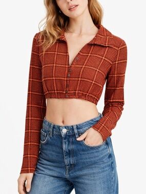 ZARA Orange Plaid Cropped Top Houndstooth Y2K Collared Button Shirt